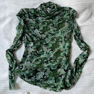 GANNI GREEN FLORAL ROLL NECK